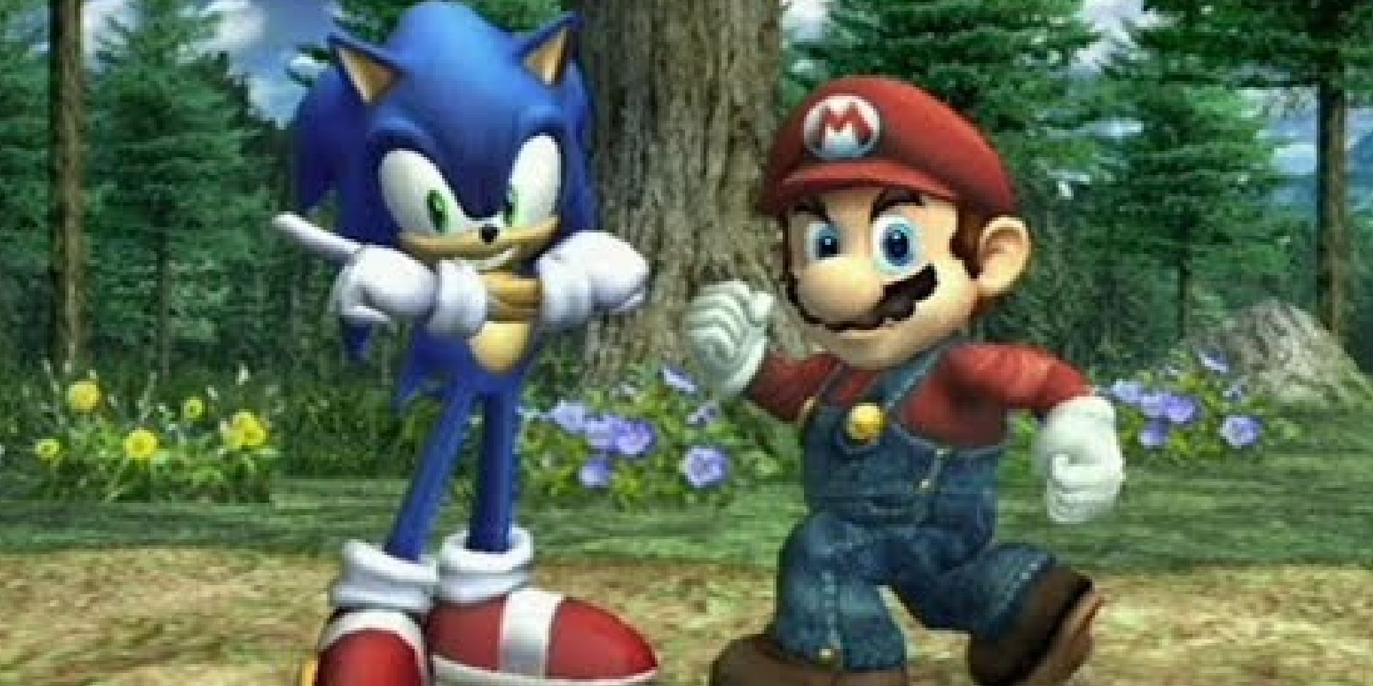 Sonic standing next to Mario in his reveal trailer for Brawl 