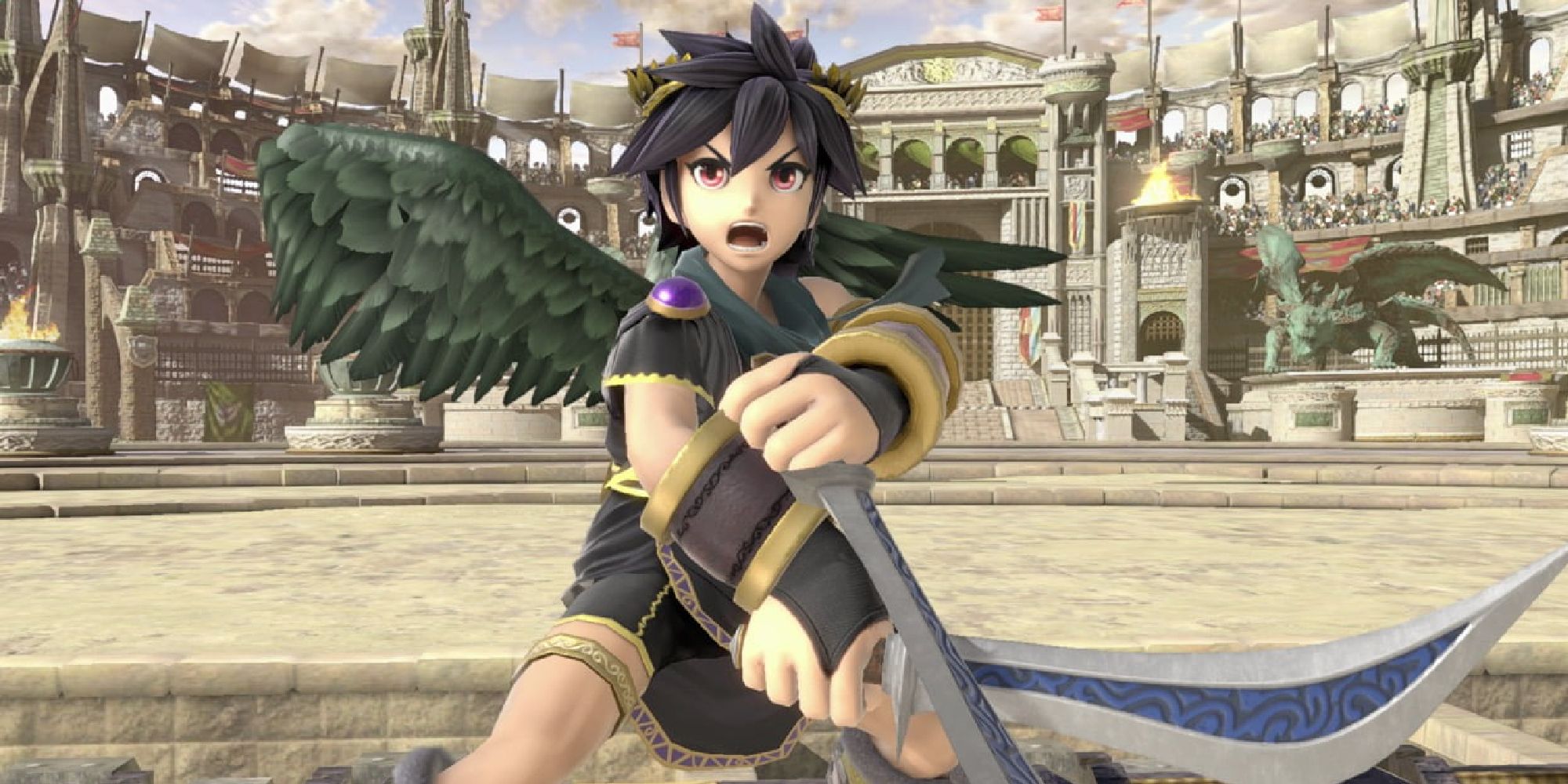 Dark Pit wielding his bow blades on Coliseum