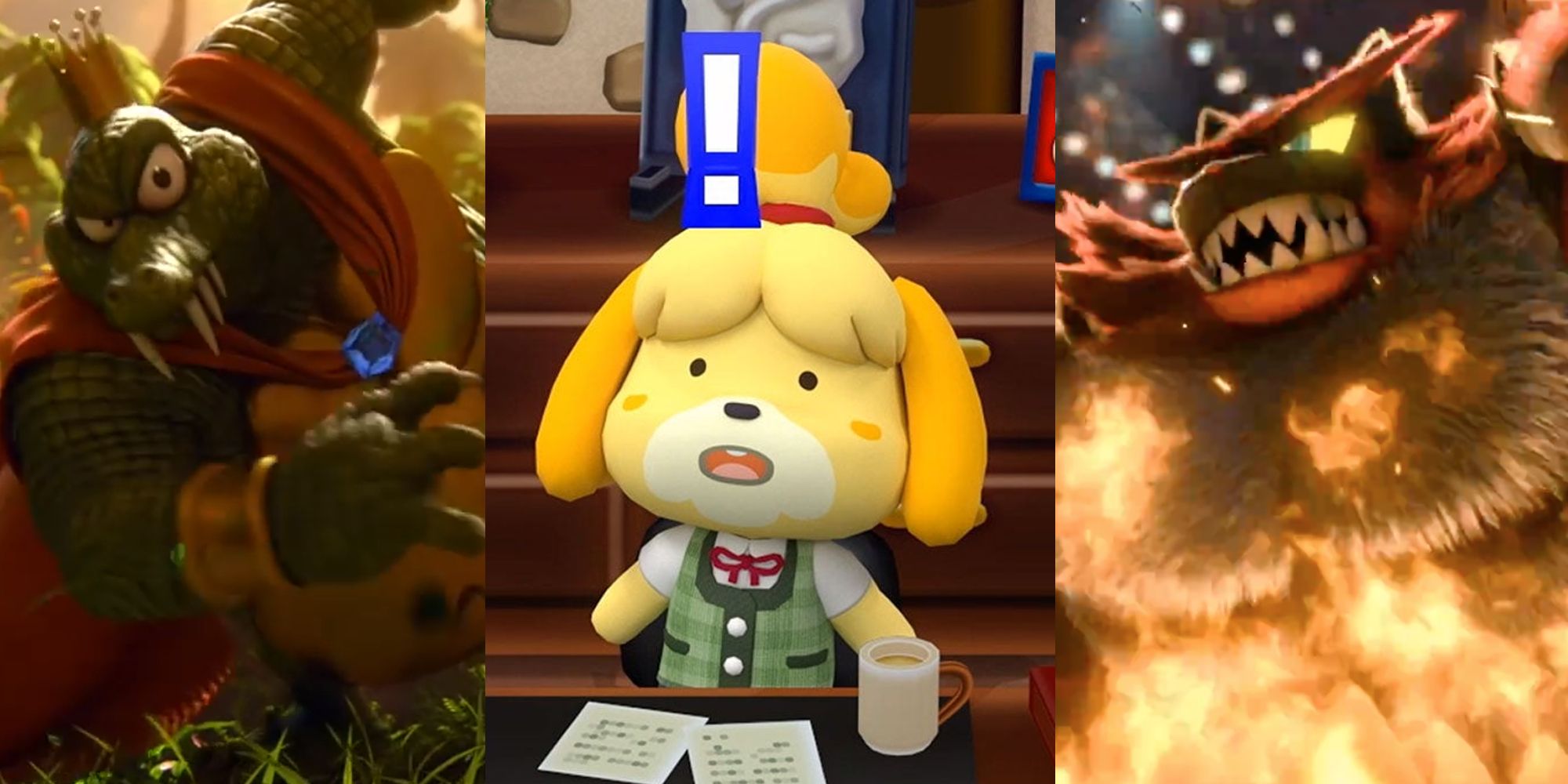 King K. Rool in a forest at sundown; Isabelle in her office with an exclamation mark over her; Incineroar surrounded by flames in an arena