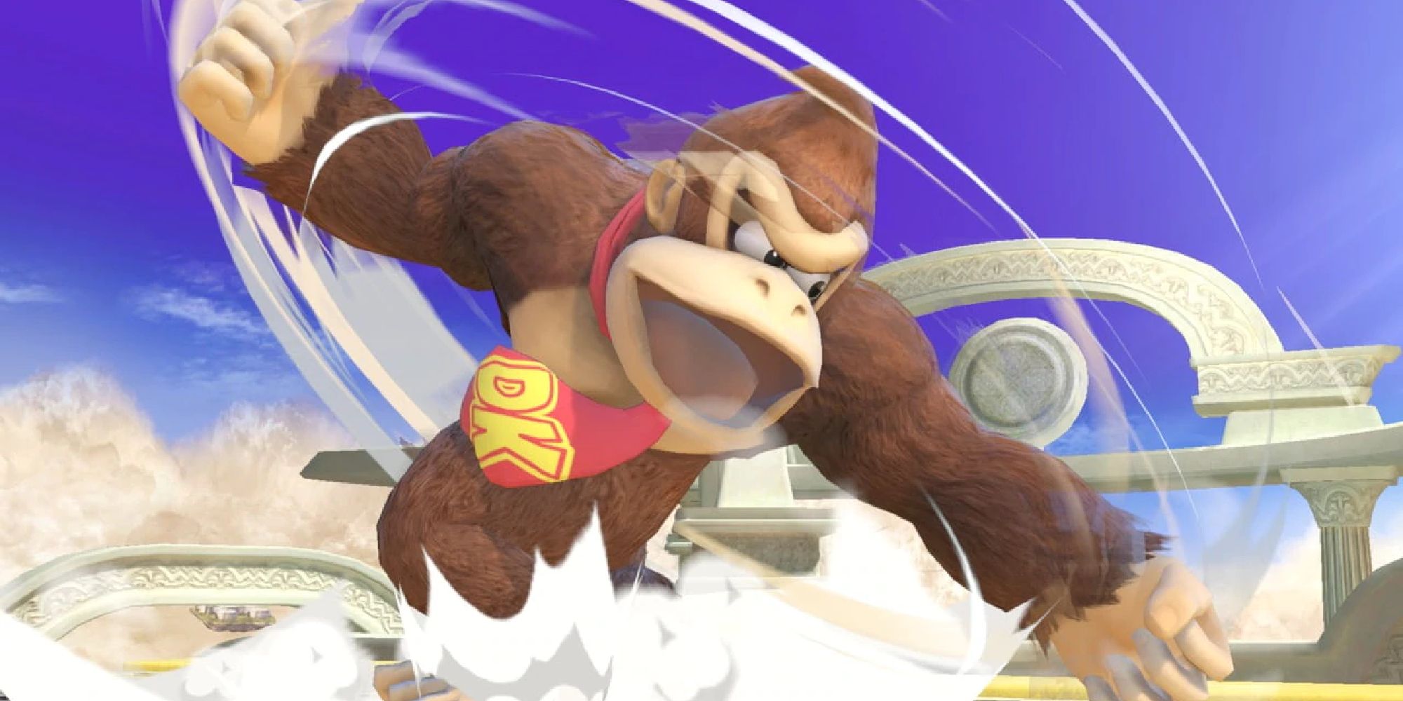 Donkey Kong swinging his arms on Skyworld in Super Smash Bros Ultimate