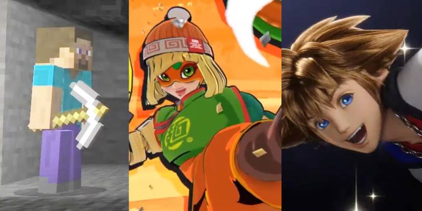 Steve from Minecraft in a cave; Min-Min kicking in her reveal trailer; Sora flying in his reveal trailer