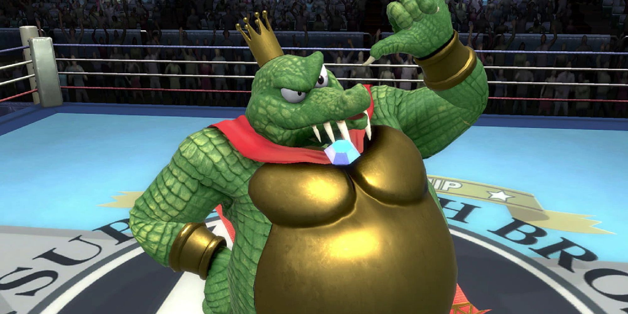King K. Rool pointing at himself in a wrestling ring