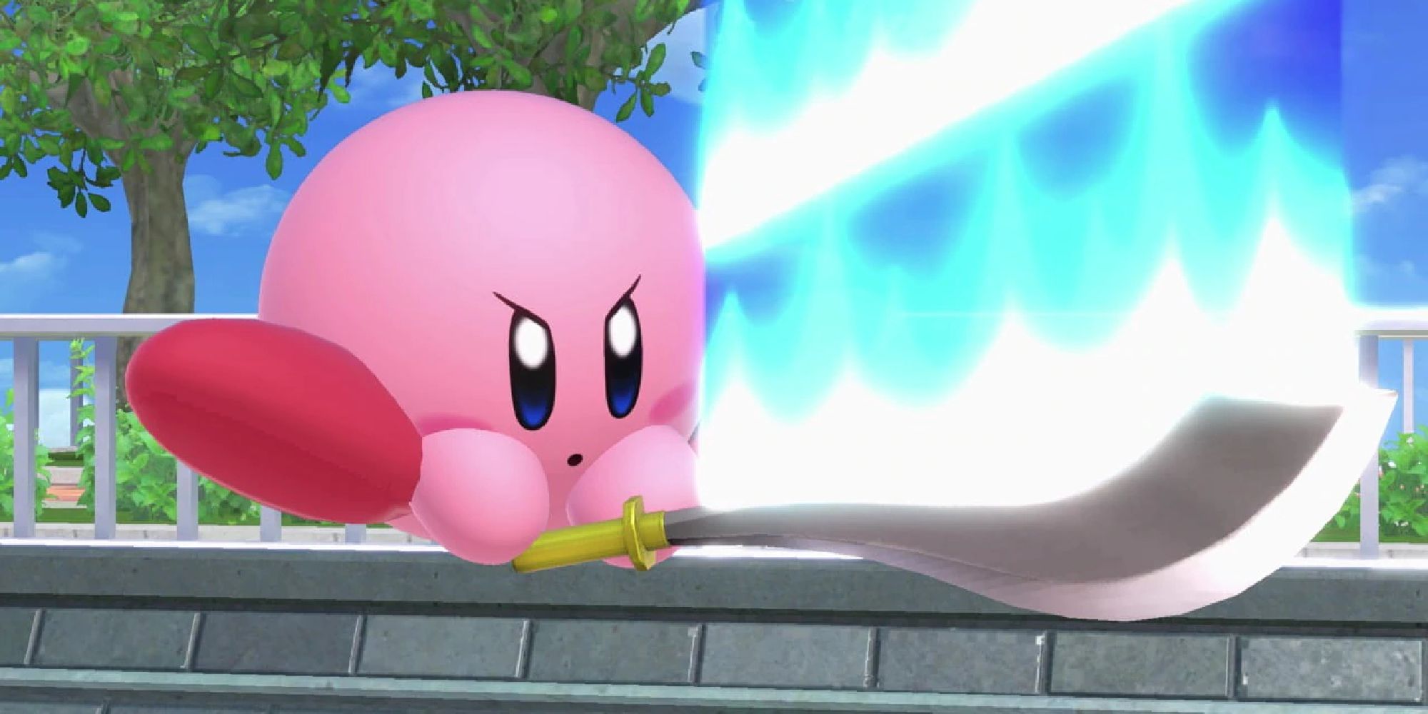 Kirby slicing downward with the Air Cutter on Tomodachi Life