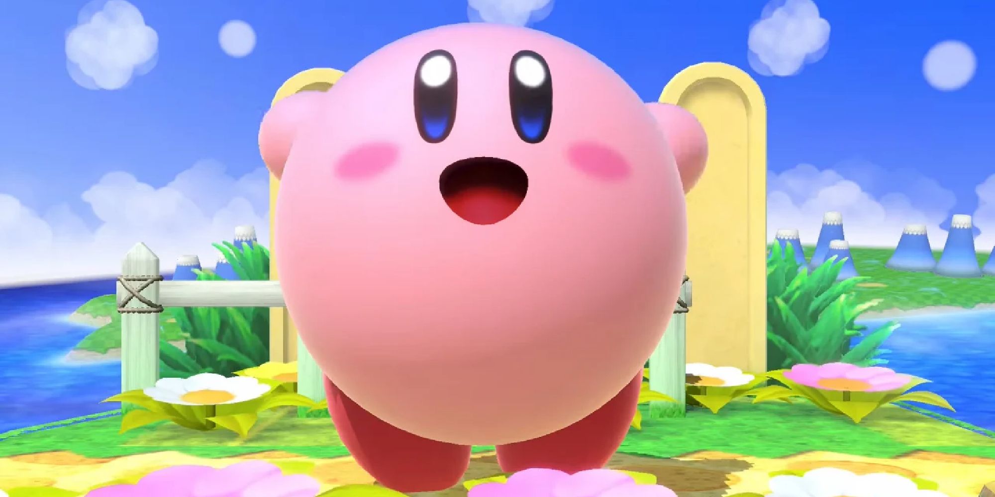 Kirby waving hi to the camera on Green Greens in Super Smash Bros Ultimate