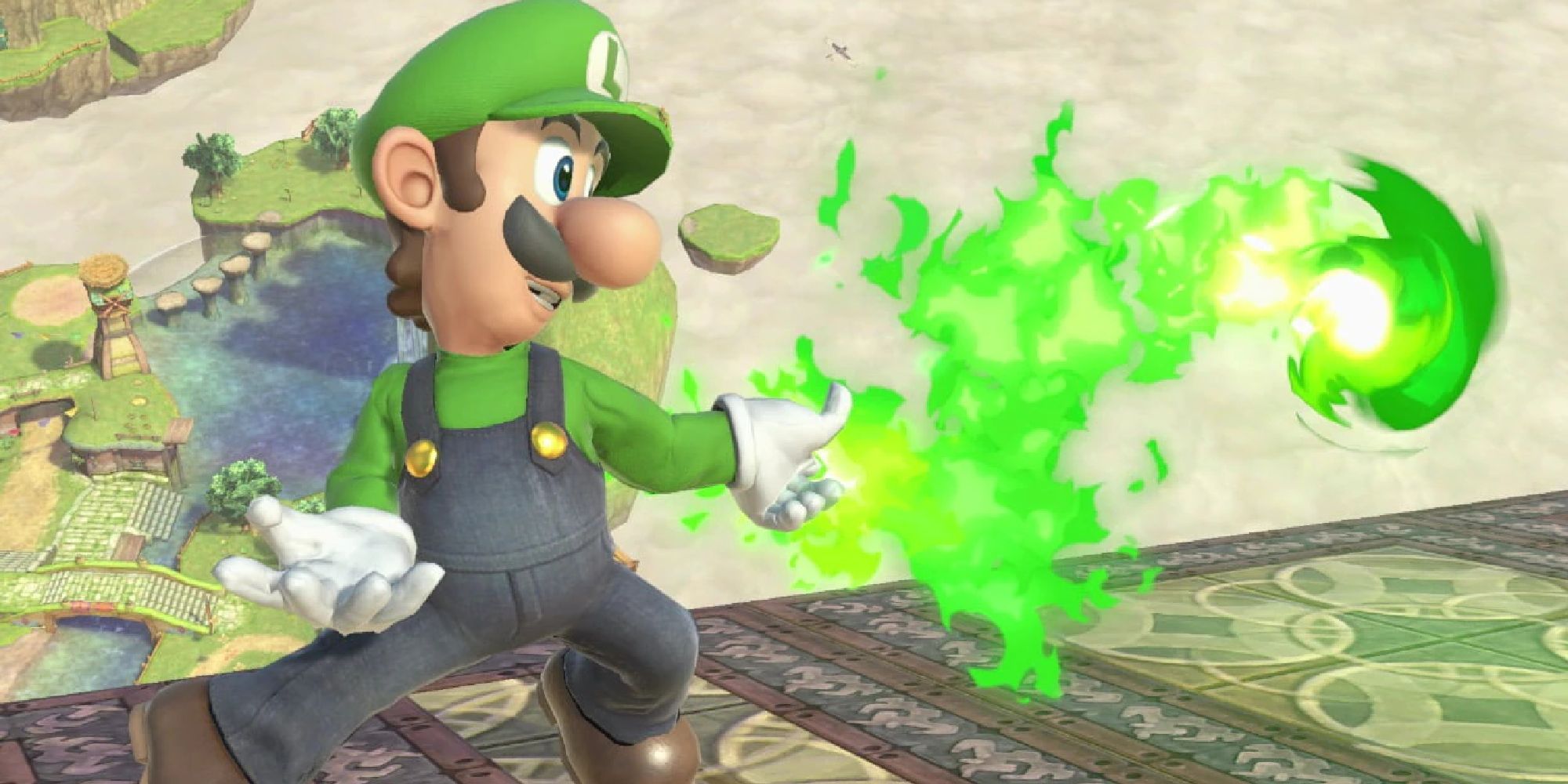 Luigi shooting a green fireball in Skyloft