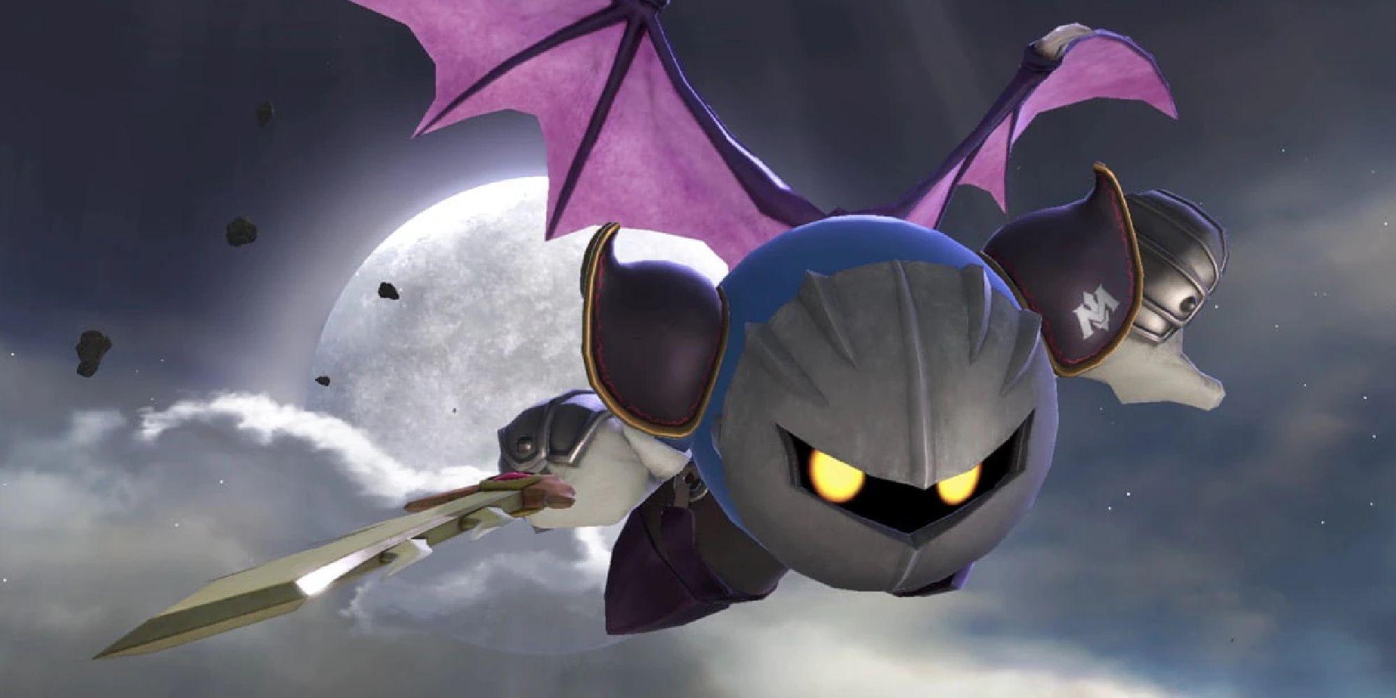 Meta Knight flying in front of the moon