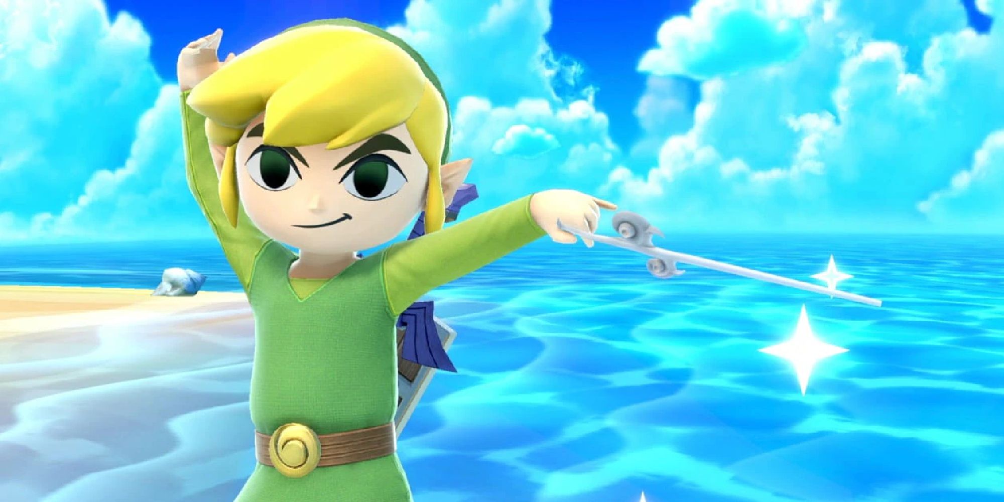 Young Link waving the Wind Waker on Kapp'n's Island