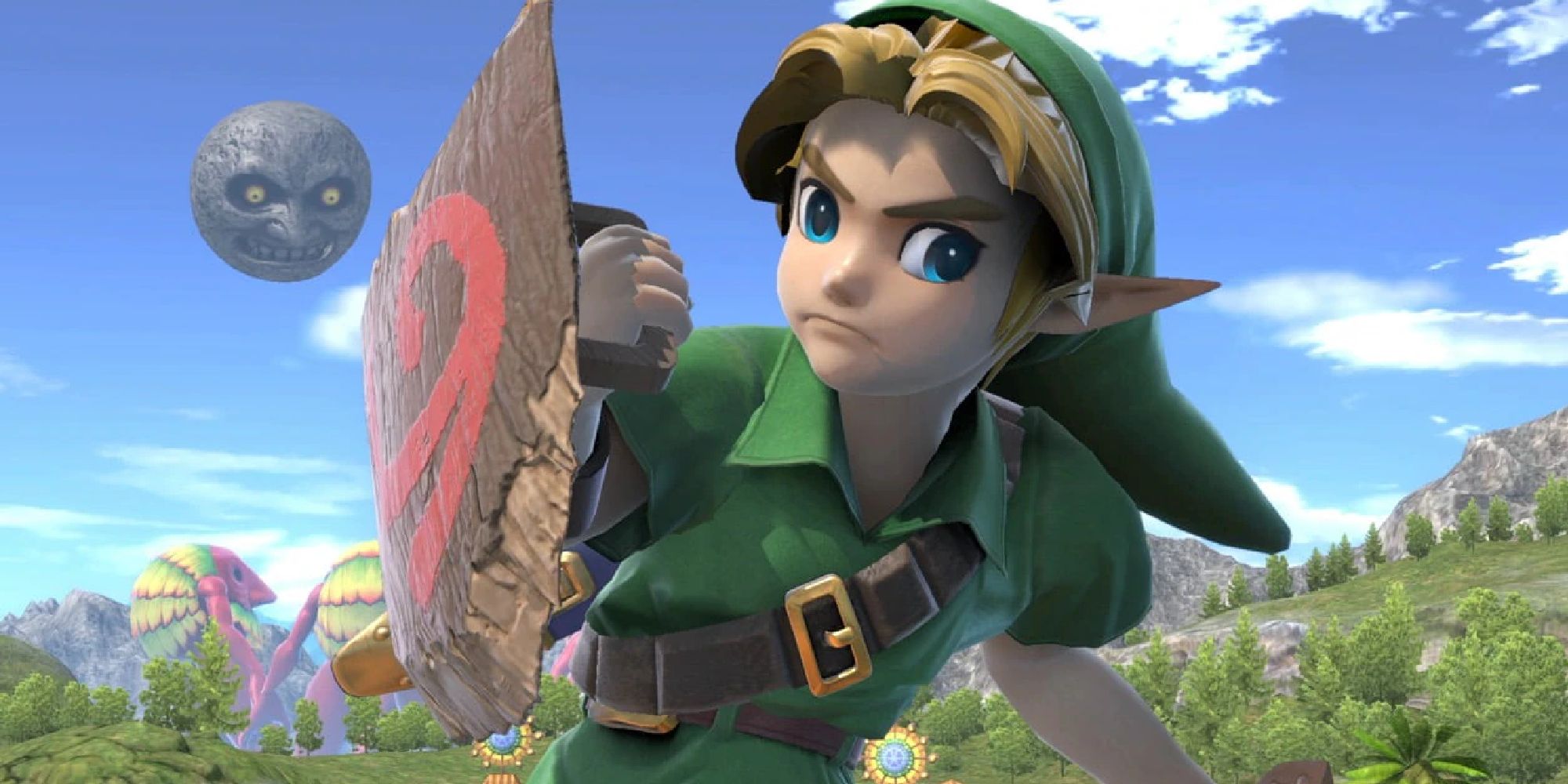 Young Link holding up his shield on Great Bay
