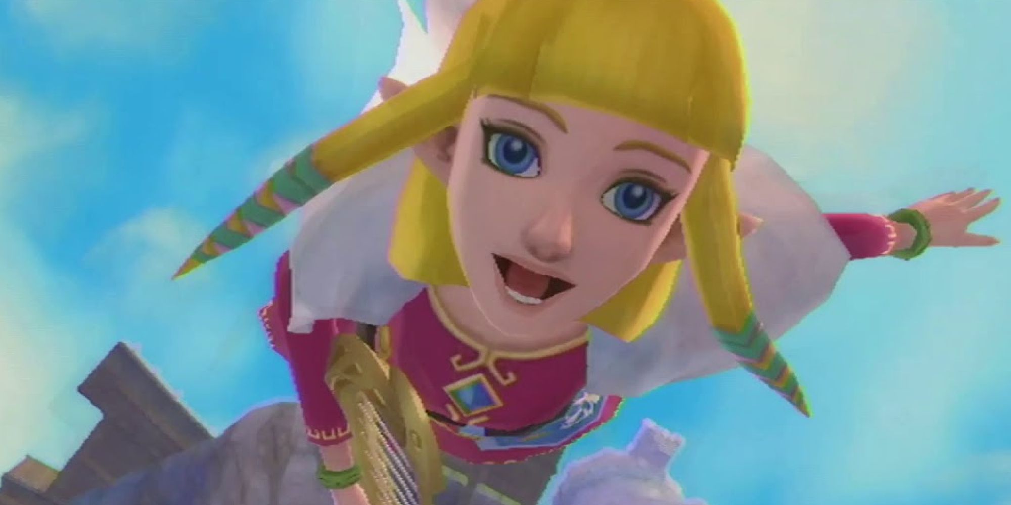 Zelda falling from Skyloft while holding her lyre in Skyward Sword