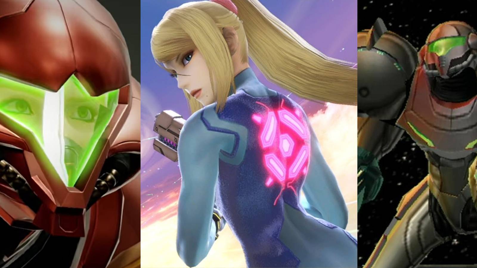Samus behind her helmet in Metroid Dread; Zero Suit Samus turning backwards in Smash Ultimate; Samus in her Power Suit kneeling in Metroid Prime
