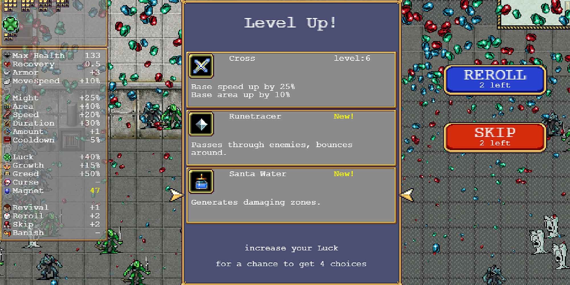 Selecting the Santa Water weapon in Vampire Survivors