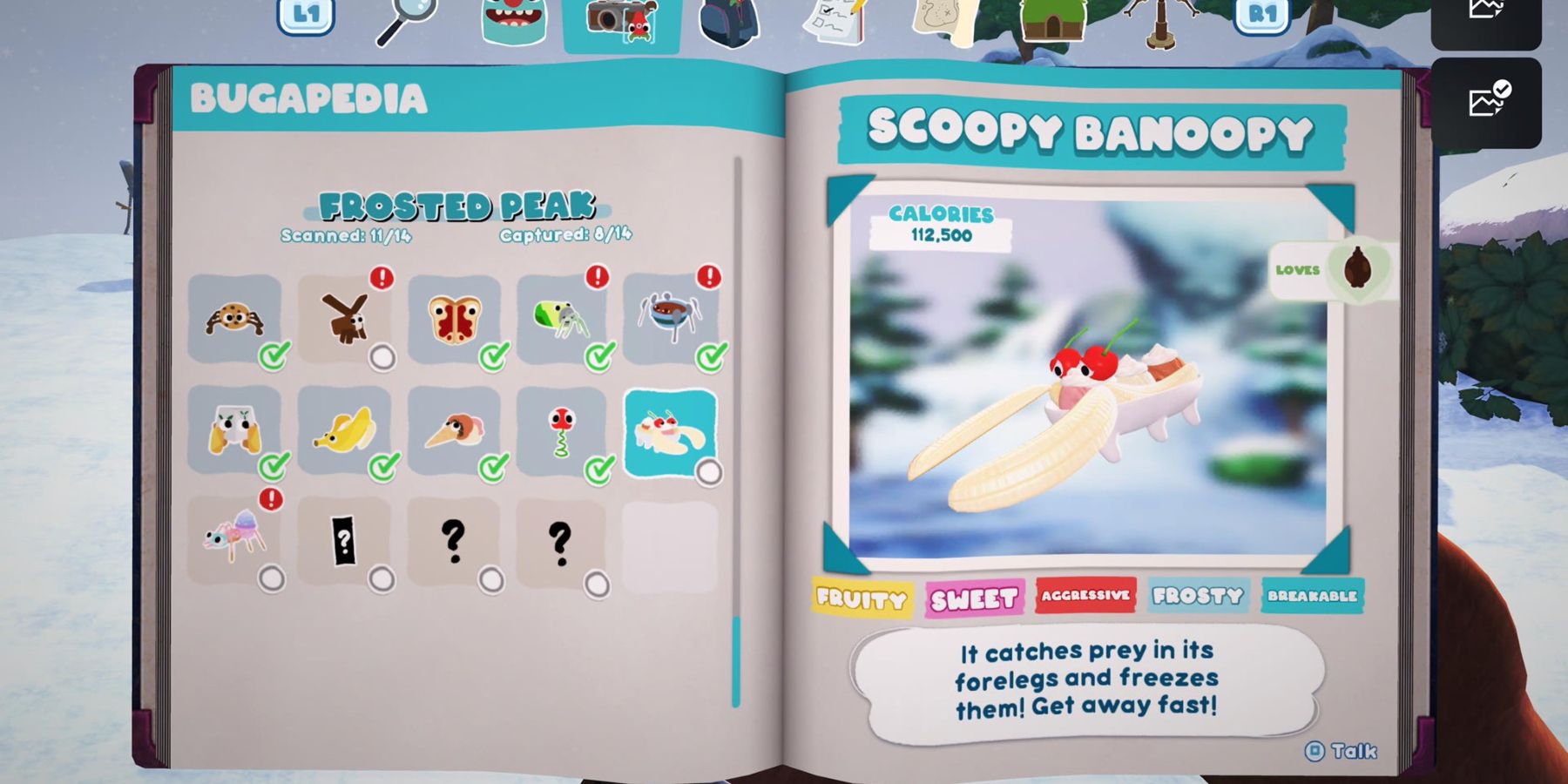 a notebook page with a list of Bugsnax on the left page and a picture of a living banana split on the right under the name Scoopy Banoopy