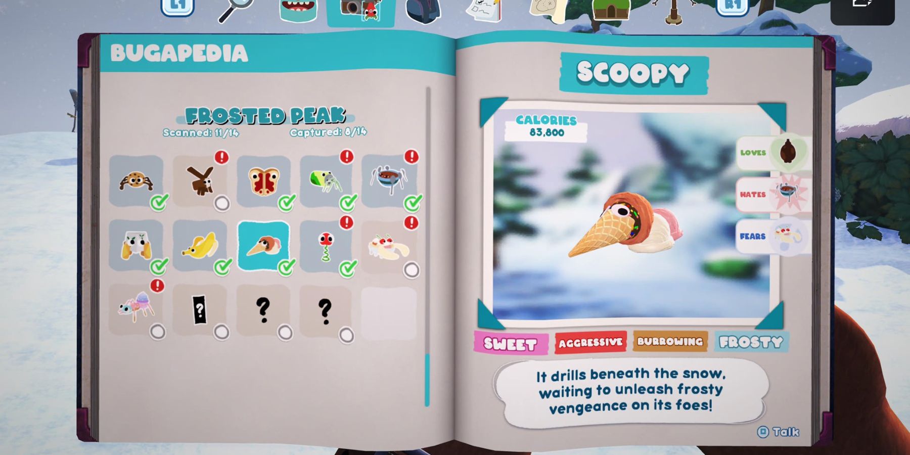 an open notebook with a list of Bugsnax for the Frosted Peak area on the left page and a picture of a living ice cream cone named Scoopy on the right page