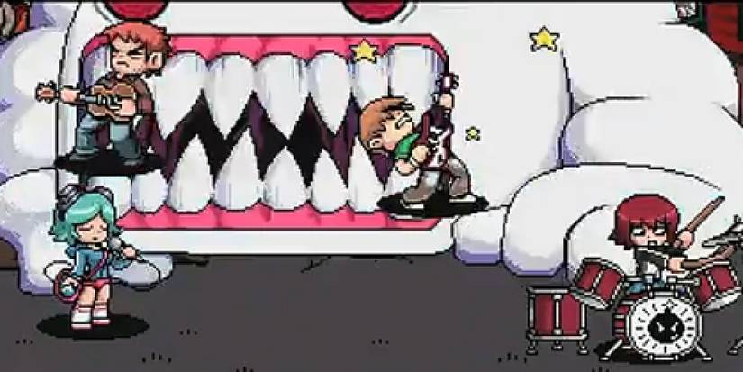 The Sex Bob-Ombs summoning the Yeti in the Scott Pilgrim game