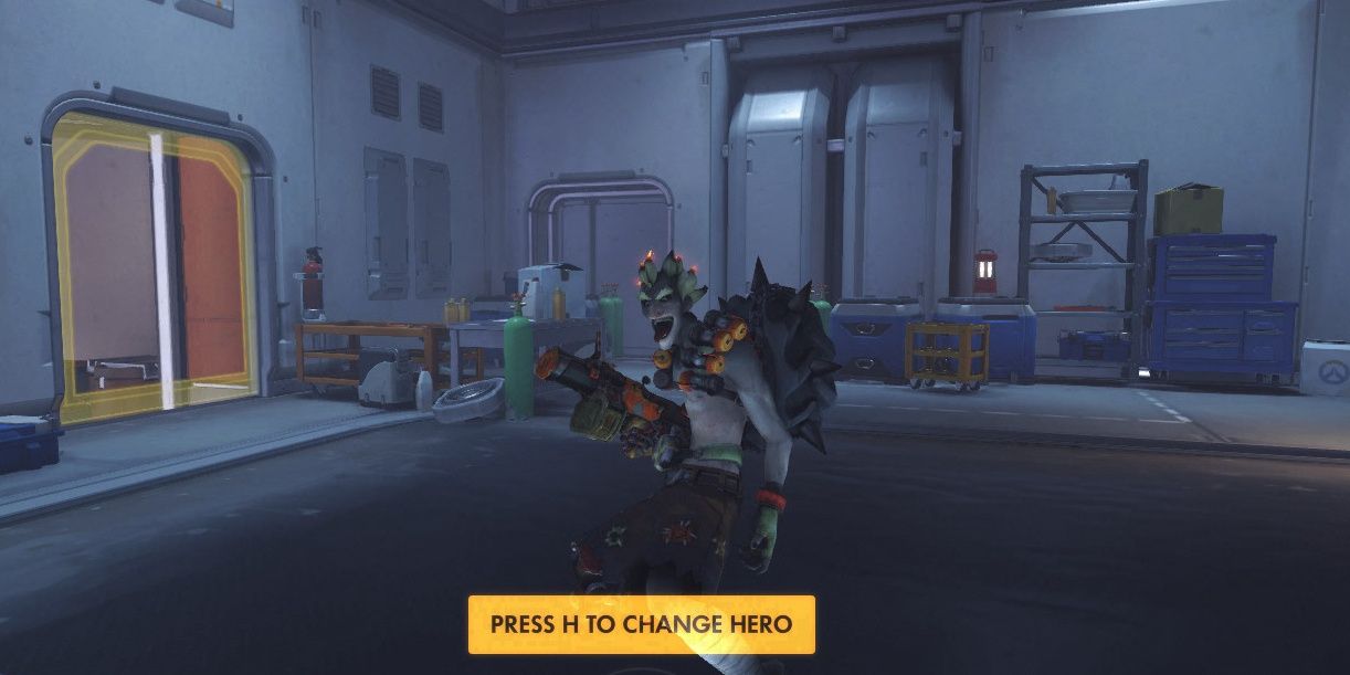 Overwatch character Junkrat is emoting in the practice range