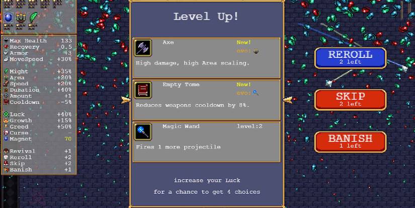 The Empty Tome accessory in Vampire Survivors.