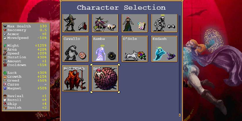 Selecting Leda in Vampire Survivors