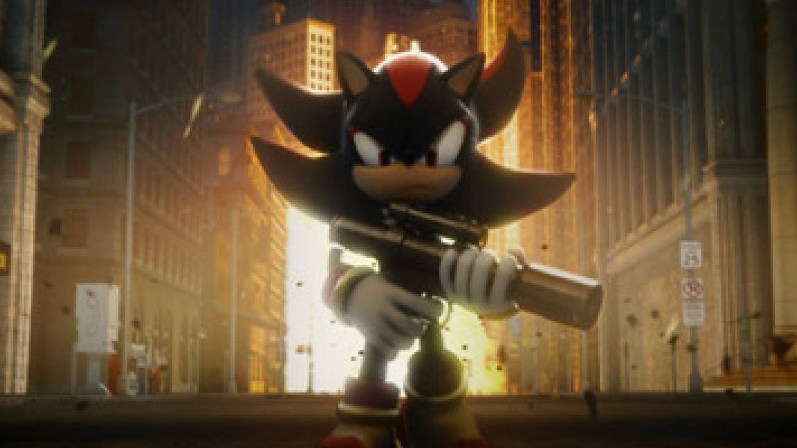Shadow walking away from an explosion holding a gun in a promo for Shadow the Hedgehog