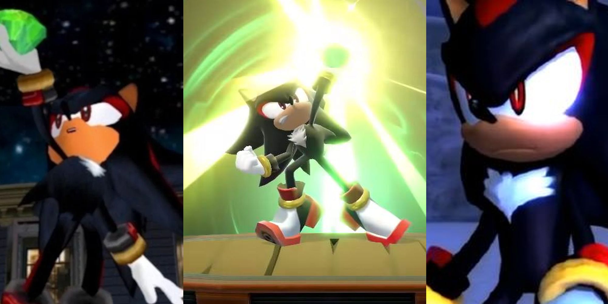 Shadow holding a Chaos Emerald; Shadow using Chaos Control as a Smash Bros Assist Trophy; Shadow in a snowy land in Sonic 06