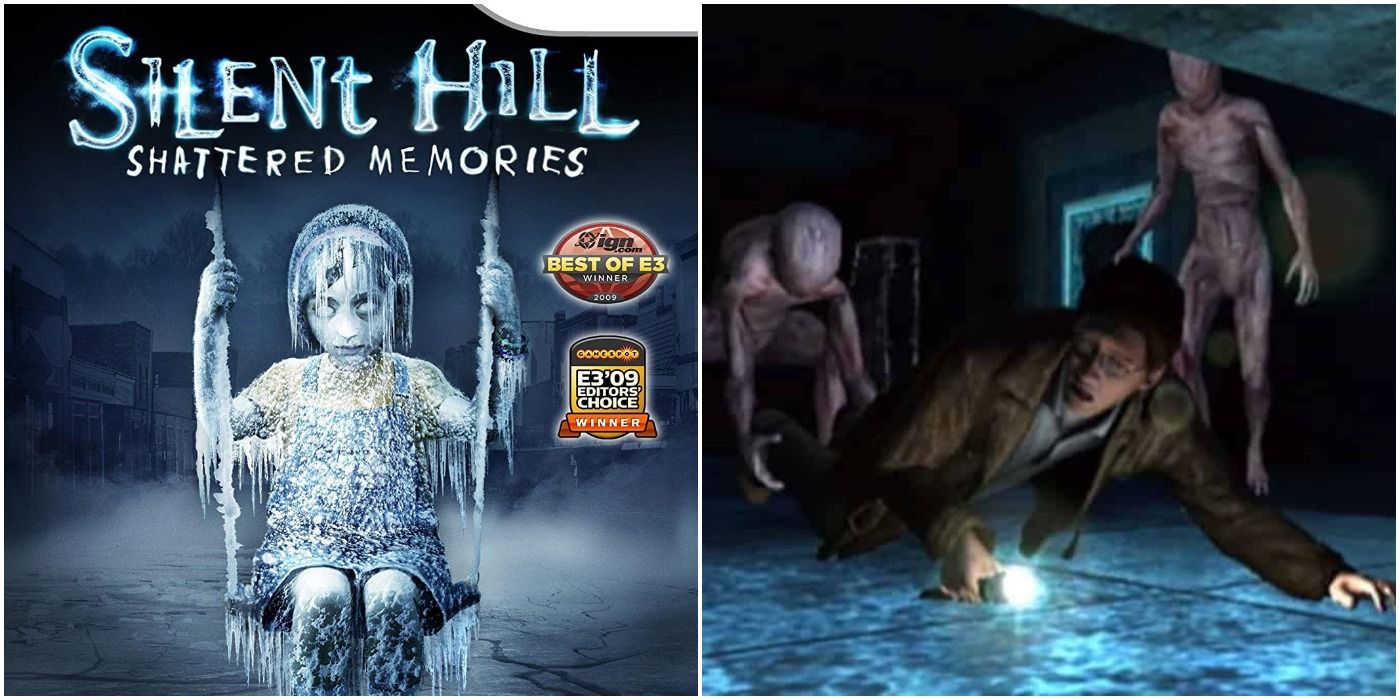 Silent Hill Shattered Memories split image of box art and man stumbling as monsters pursue