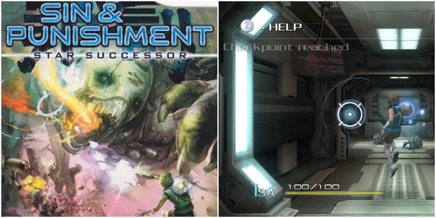 Sin and Punishment Star Successor split image of box art and hero firing in sci fi coridor