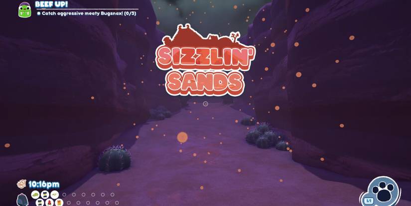 a sandy ravine with the words Sizzling Sands in large letter underneath a silhouette of a temple next to a tent