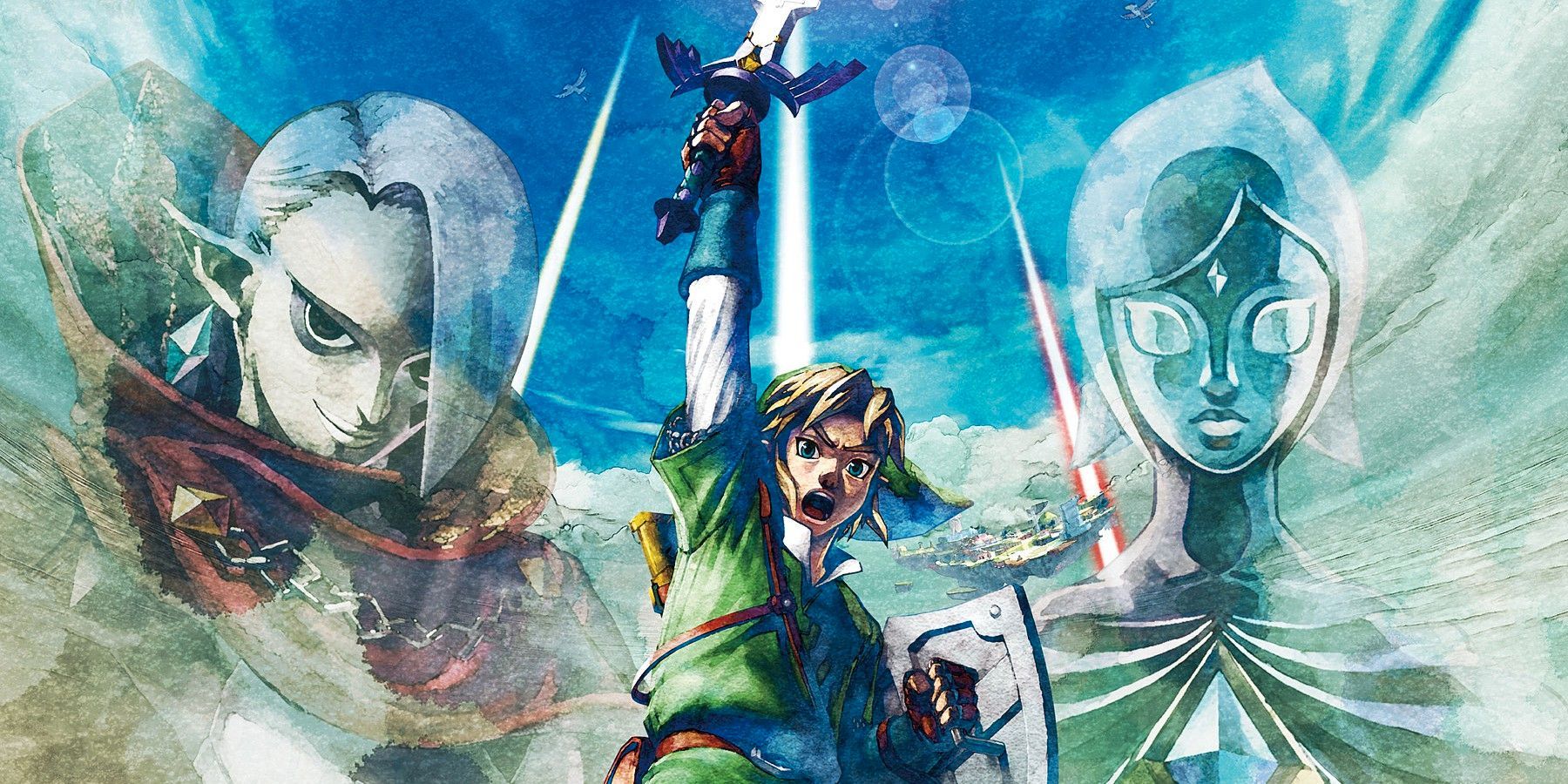Link raising the master sword with Fi and Ghirahim in the background