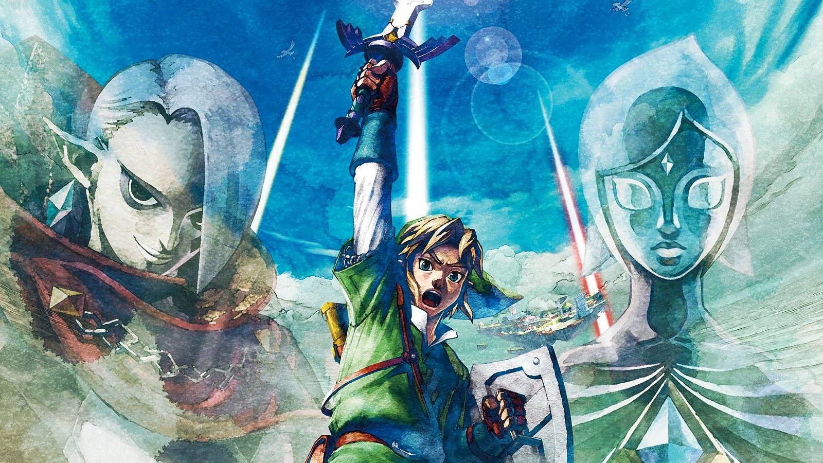 Link raising the master sword with Fi and Ghirahim in the background