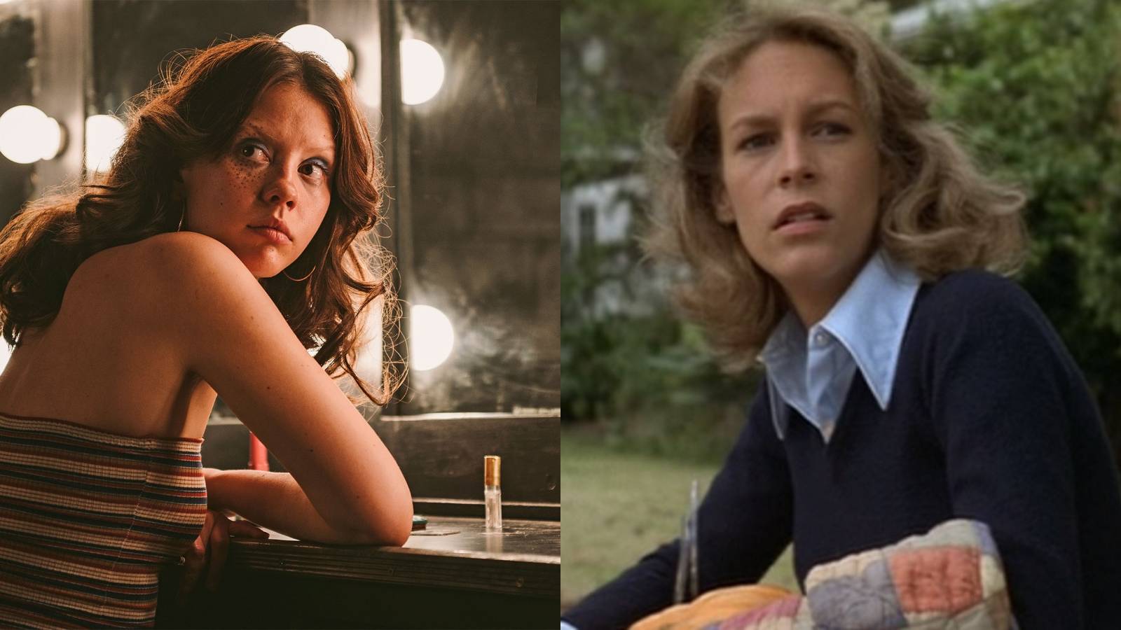 Split image of Maxine (Mia Goth) in X and Laurie (Jamie Lee Curtis) in Halloween (1978)
