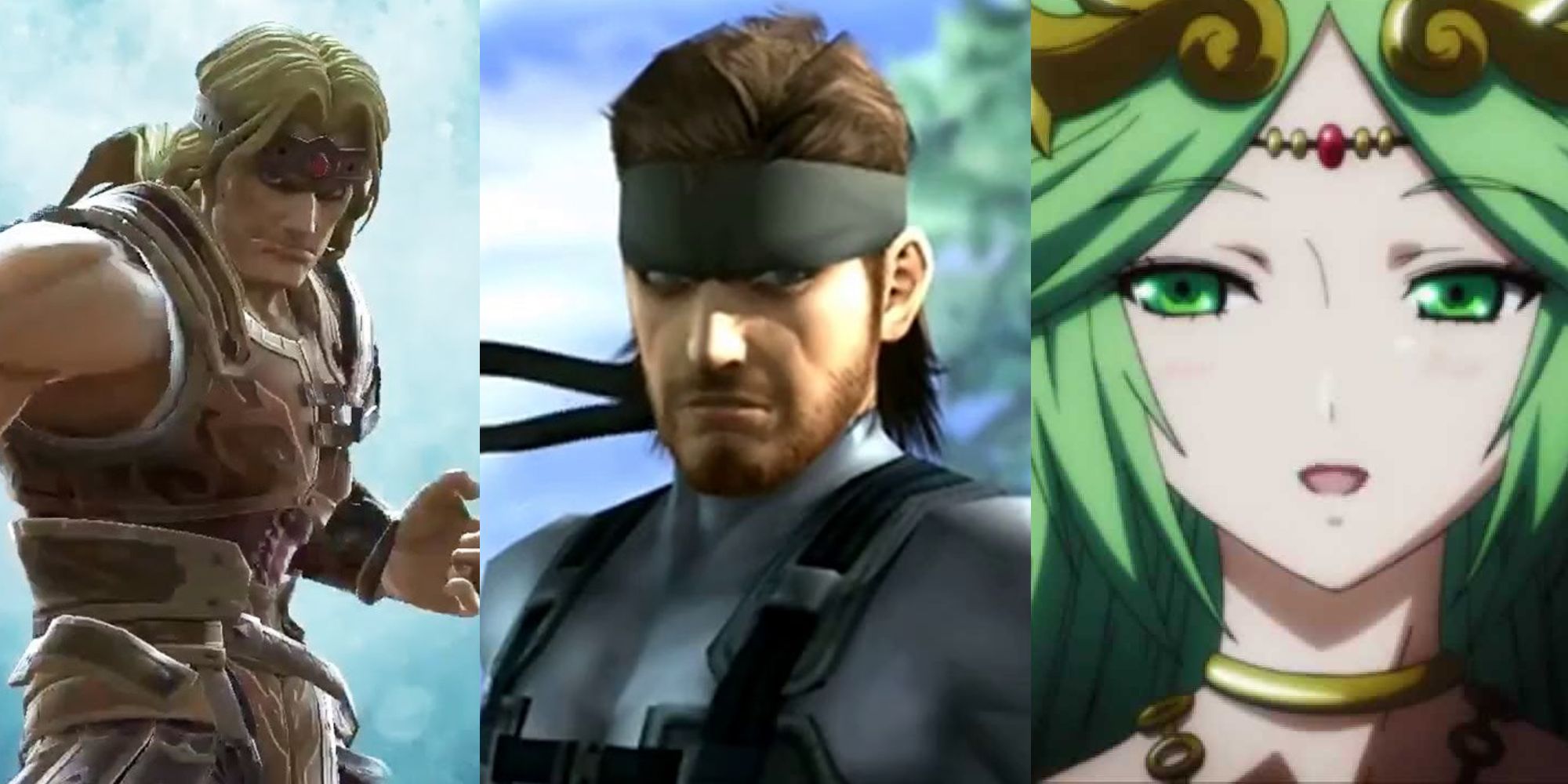 Simon in SSBU in front of the moon; Snake in the SSBB reveal trailer; Palutena in her reveal trailer