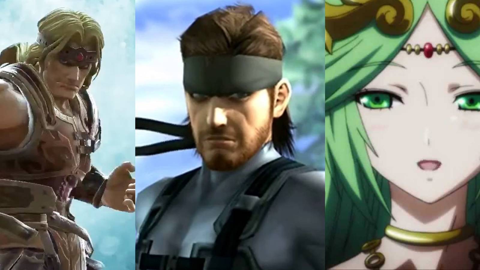 Simon in SSBU in front of the moon; Snake in the SSBB reveal trailer; Palutena in her reveal trailer
