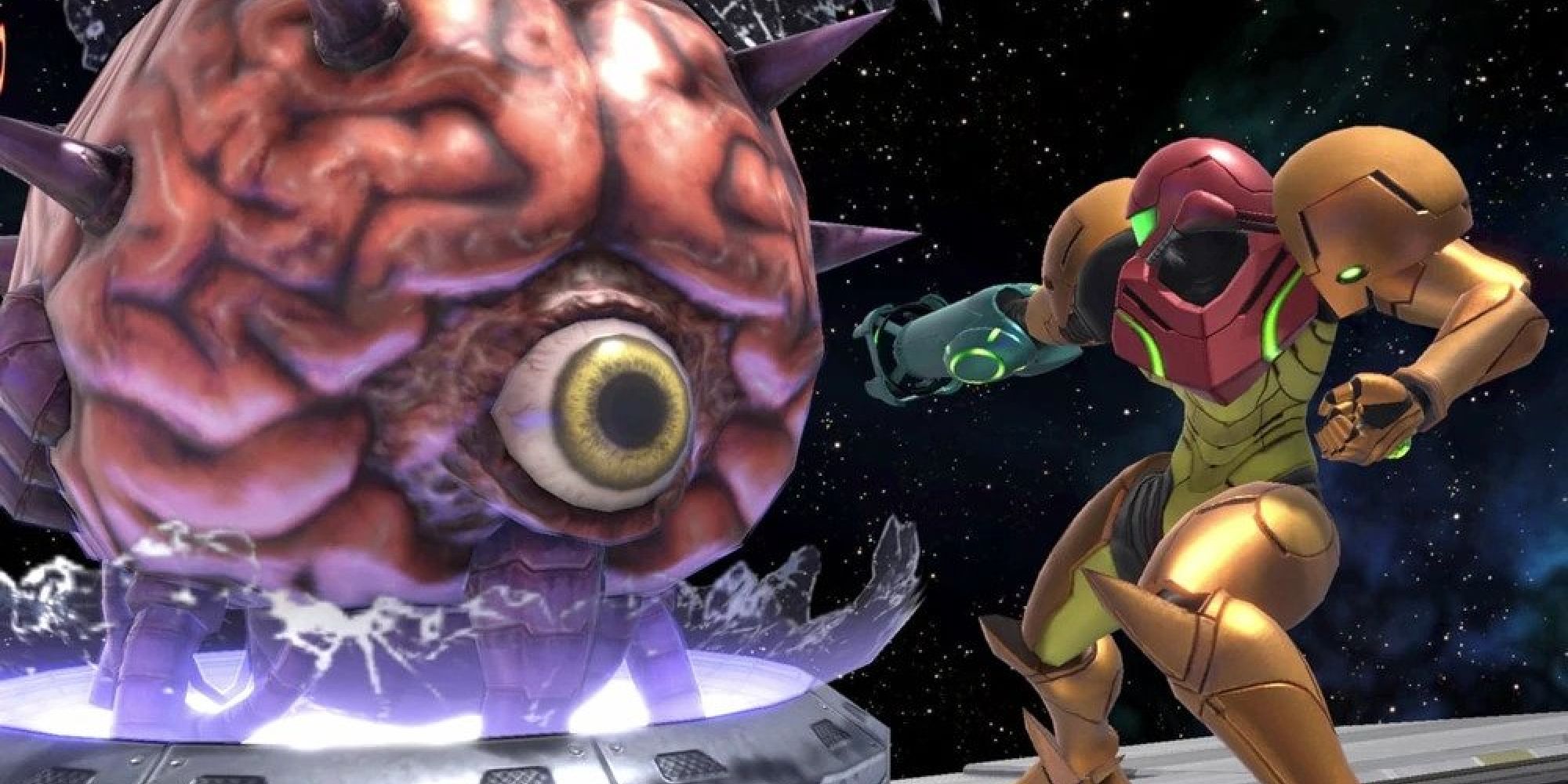 Samus aiming her cannon at a Mother Brain Assist Trophy in Super Smash Bros Ultimate