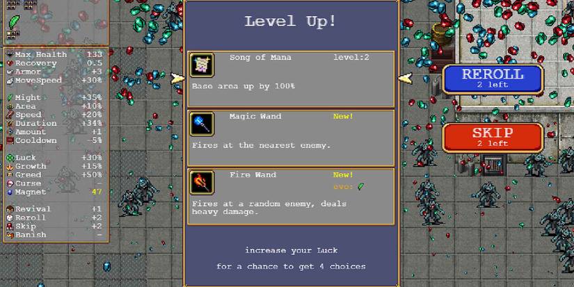 Selecting the Song of Mana weapon in Vampire Survivors