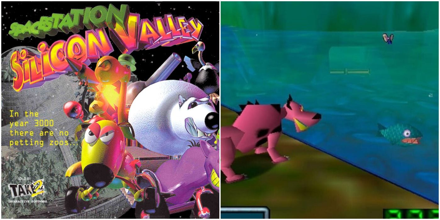 Spacestation Silicon Valley Split image of cover and gameplay of animal looking on at fish in lake