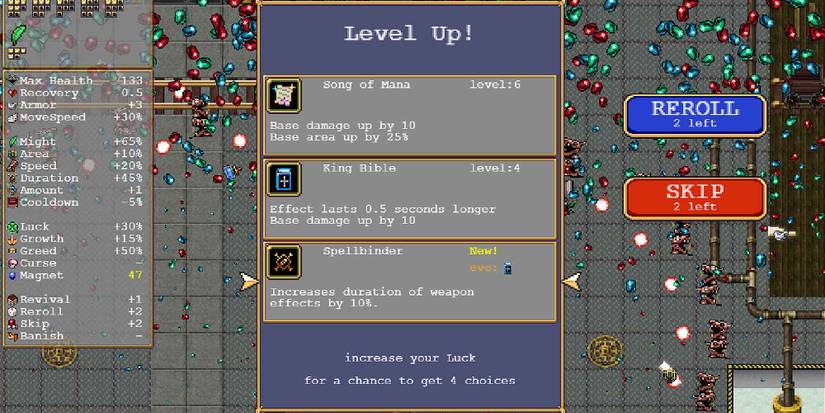 Selecting the Spellbinder accessory in Vampire Survivors