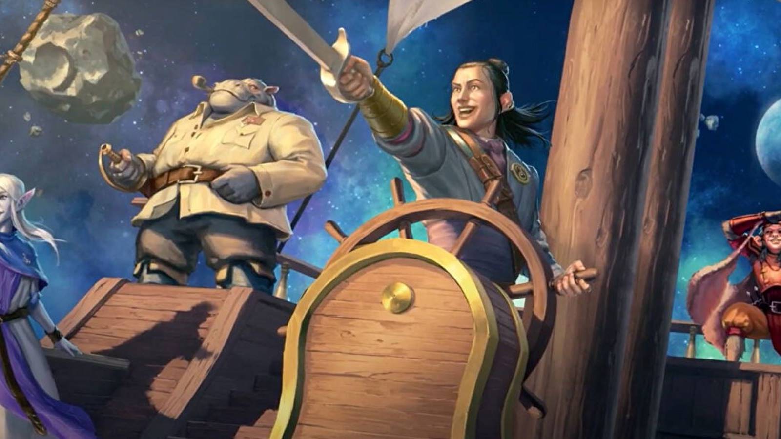 Key art work for Dungeons and Dragons' Spelljammer setting showing four adventurers sailing through outer space