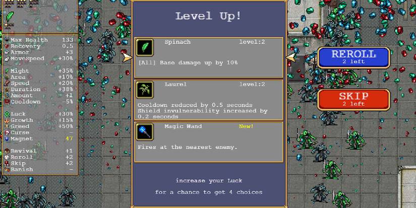 Selecting the Spinach accessory in Vampire Survivors