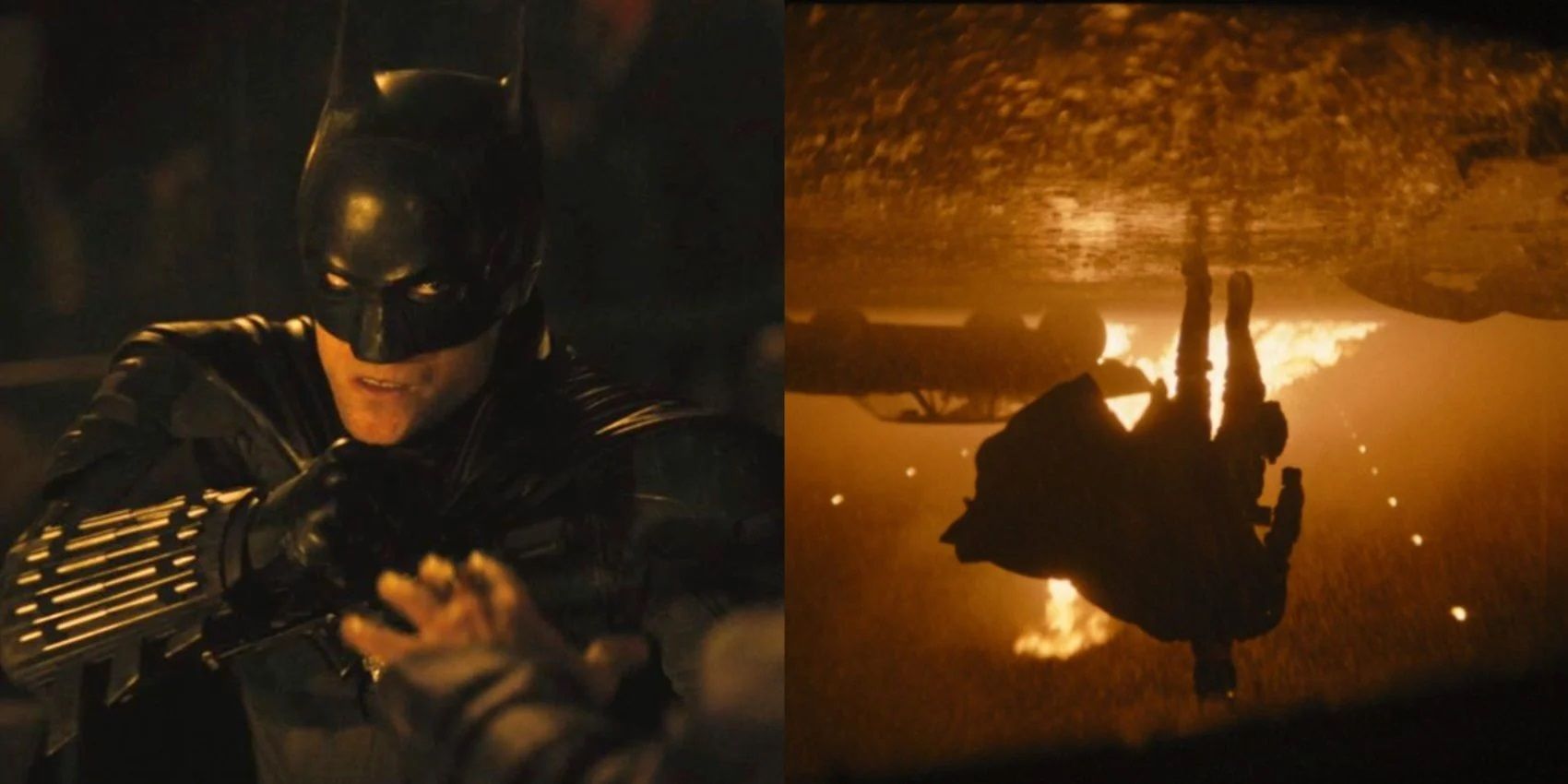 Split image of Batman throwing a punch and walking in silhouette in The Batman