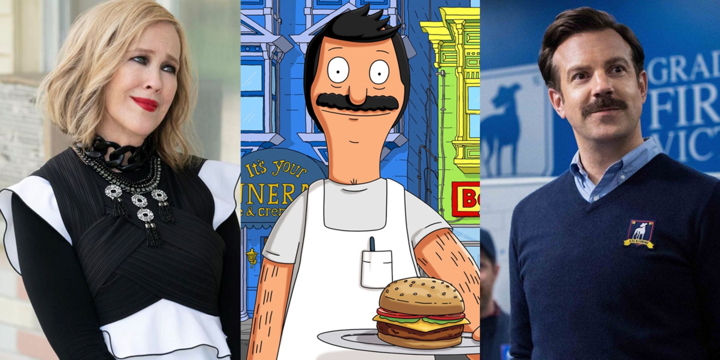 Split image of Moira in Schitt's Creek, Bob in Bob's Burgers, and Ted in Ted Lasso