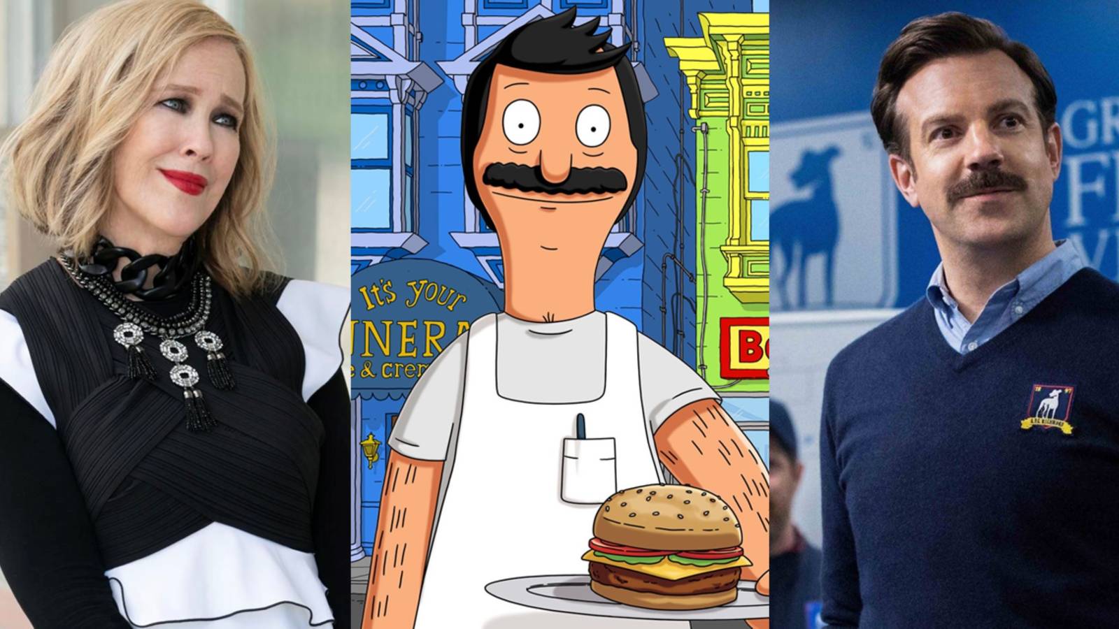 Split image of Moira in Schitt's Creek, Bob in Bob's Burgers, and Ted in Ted Lasso