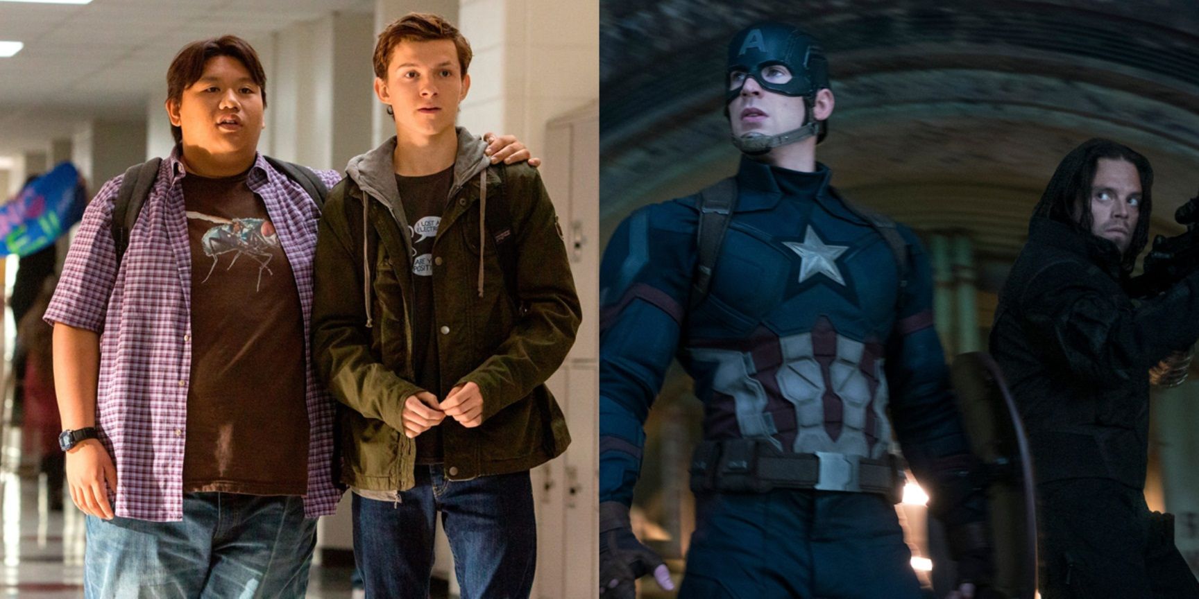 Split image of Peter and Ned in Spider-Man Homecoming and Steve and Bucky in Captain America Civil War