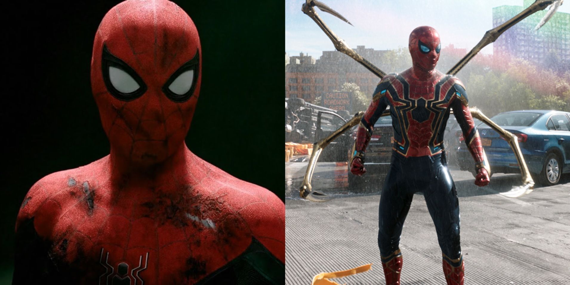 Split image of Tom Holland as Spider-Man in Far From Home and No Way Home