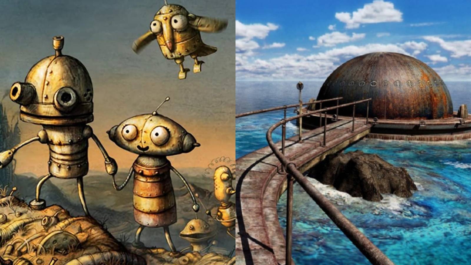 Split image of promo artwork for Machinarium and gameplay screenshot of Riven