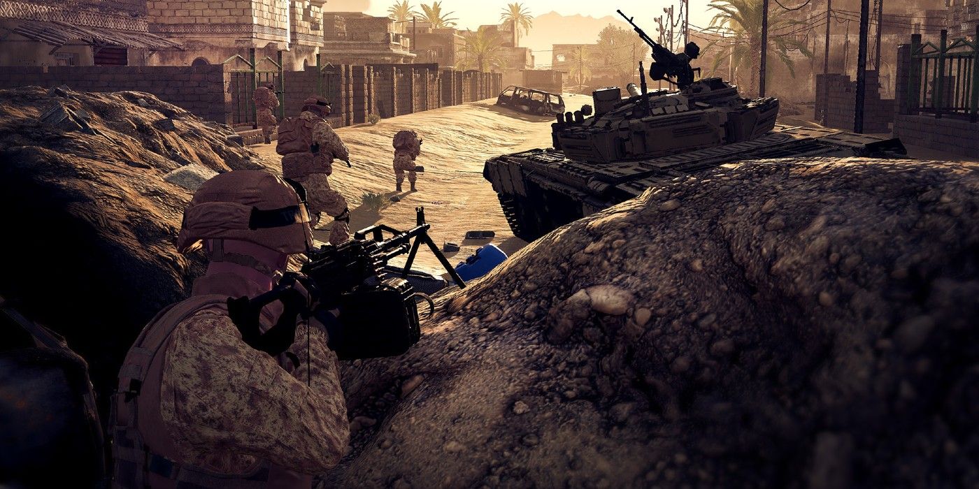Squad PC troops aiming at tank and units behind cover in desert locale