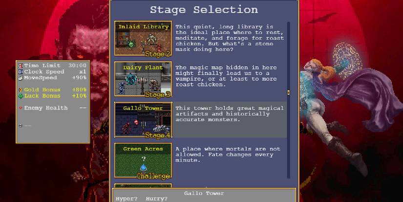 Selecting the Gallo Tower stage in Vampire Survivors