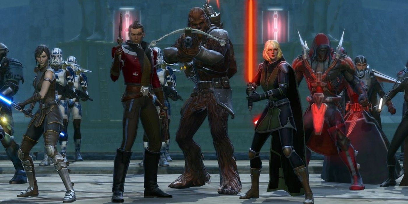 Star Wars Old Republic troopers, Sith, and Wookie readying weapons in a line
