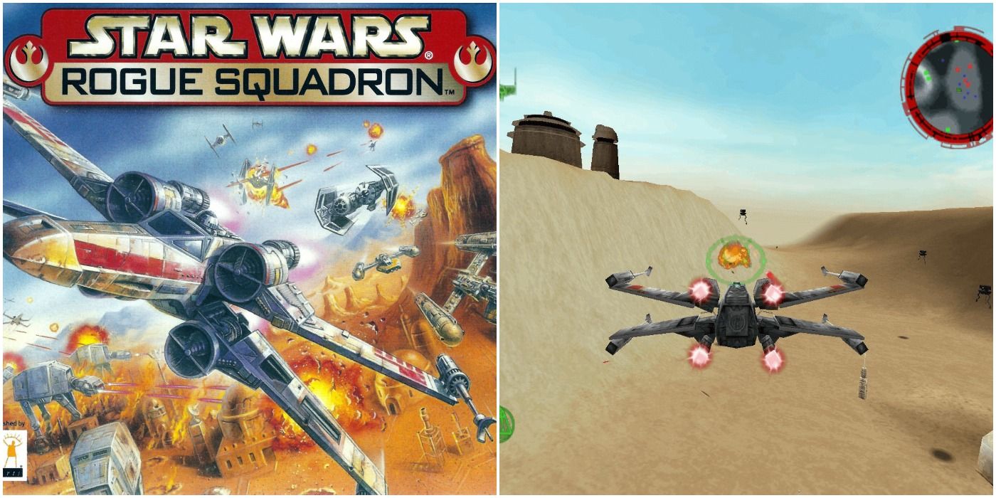 Star Wars Rogue Squadron  Split image of cover and gameplay of tie fighter flying through desert trench