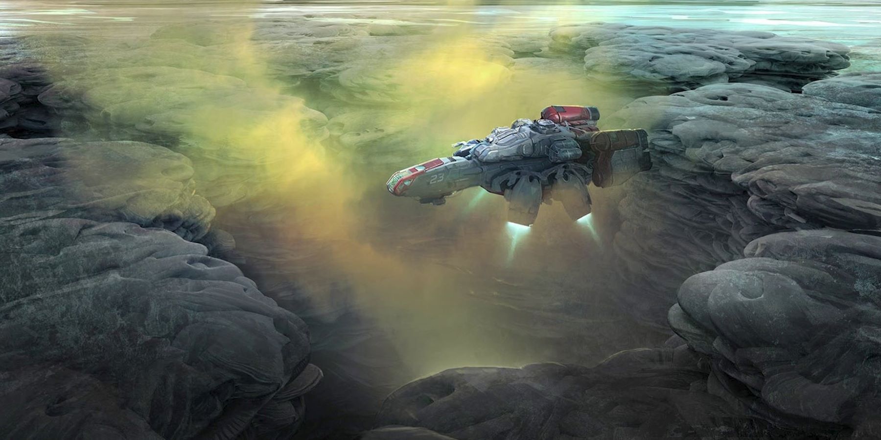 Starfield concept art showing a space ship descending into a gas vent on a rocky planet