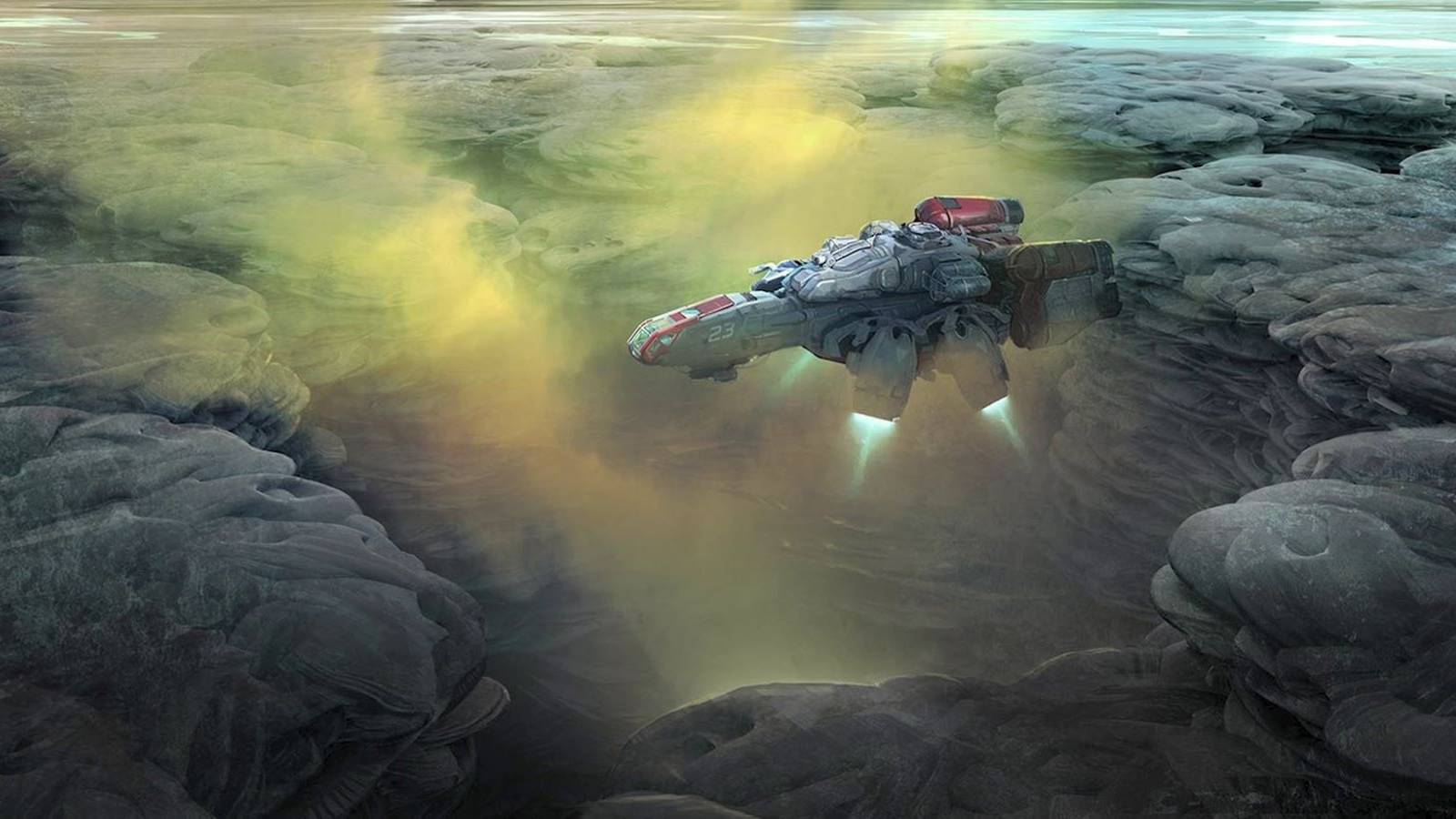 Starfield concept art showing a space ship descending into a gas vent on a rocky planet