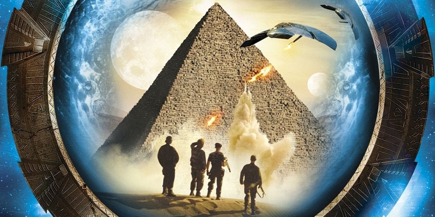 Stargate movie poster with spaceship shooting Egyptian pyramid. Jack O'Neil with Daniel Jacksons on a dune